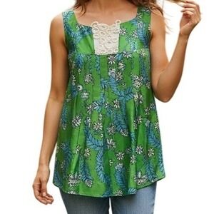 LILLY PULITZER Green With Blue & White Floral Pleated Silk Top EUC Size 2‎